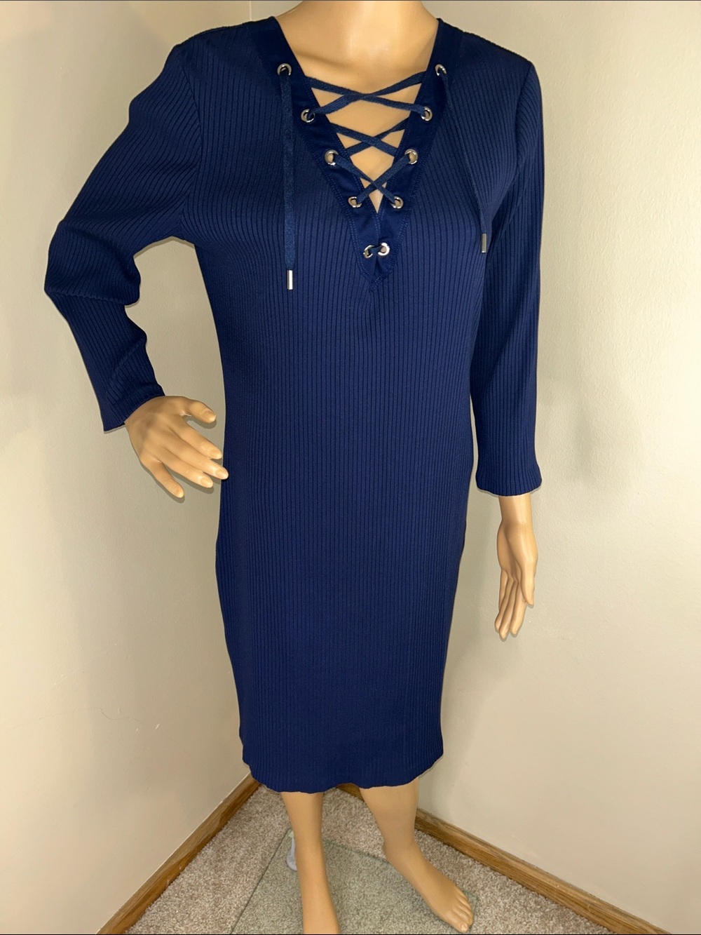 Polo by Ralph Lauren Navy Ribbed Lace-Up Midi Sweater Dress